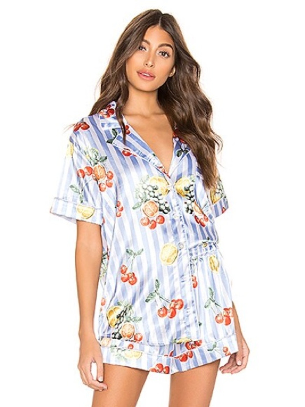 Show Me Your Mumu Slumber pajama shirt Fruit Basket Stripe button down top